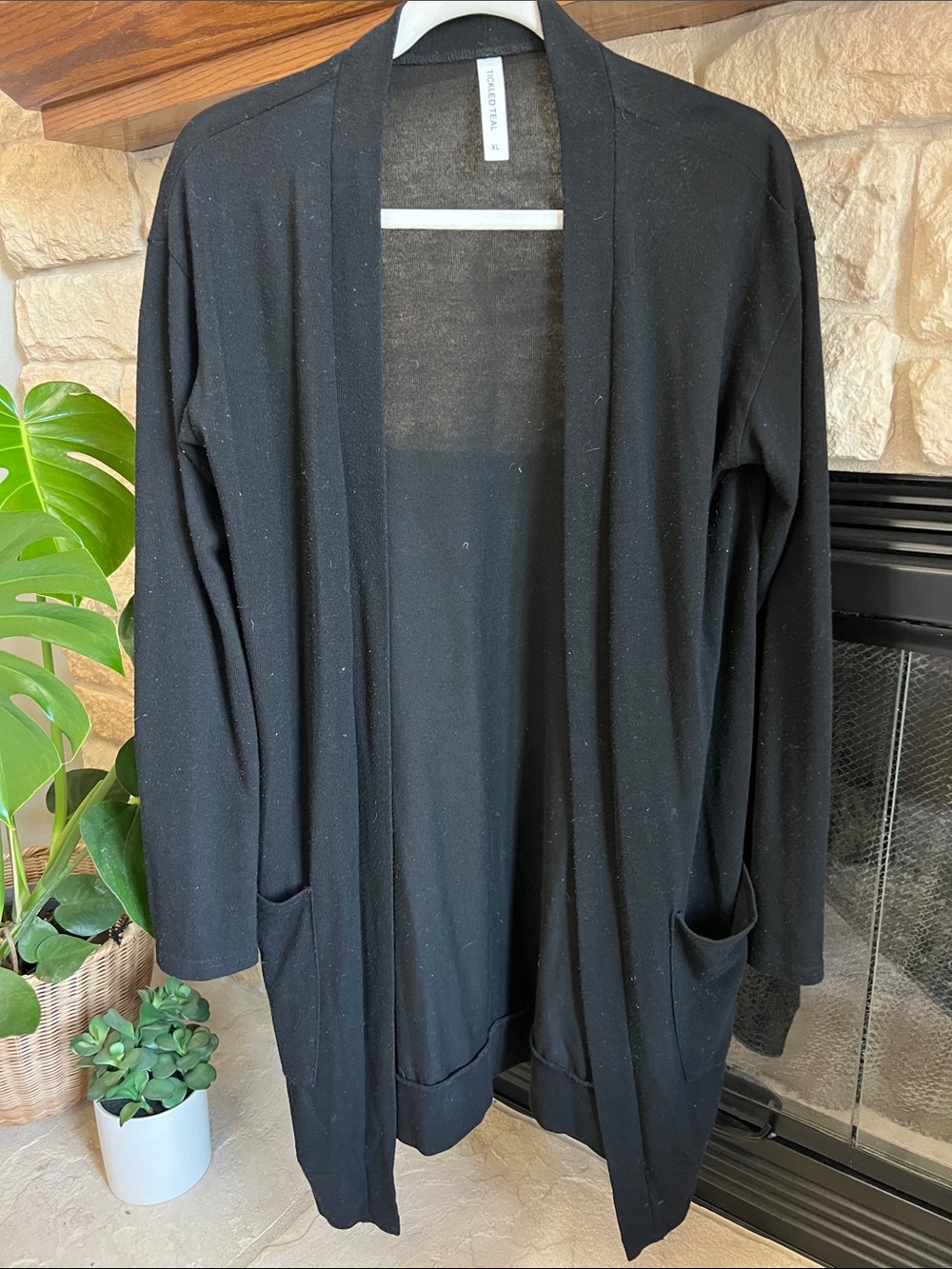 Tickled Teal Black Open-Front Lightweight Cardigan